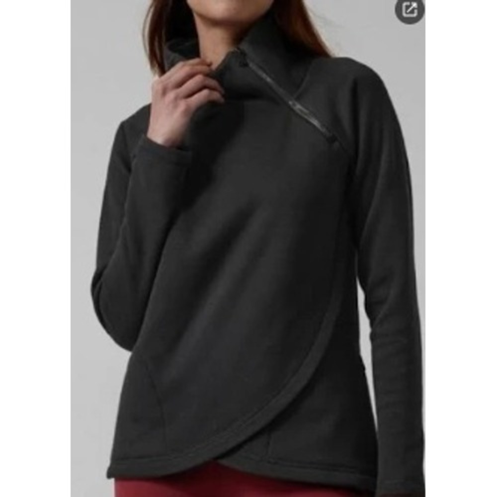 Athleta Womens Black Asymmetrical Zip Fleece Pullover Tulip Hem Funnel Neck 1448